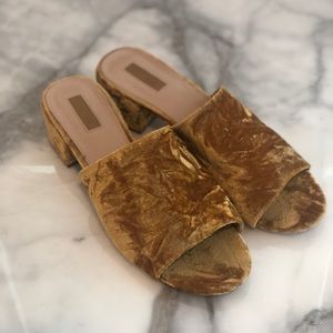 F21 yellow/gold crushed velvet slides size 9
